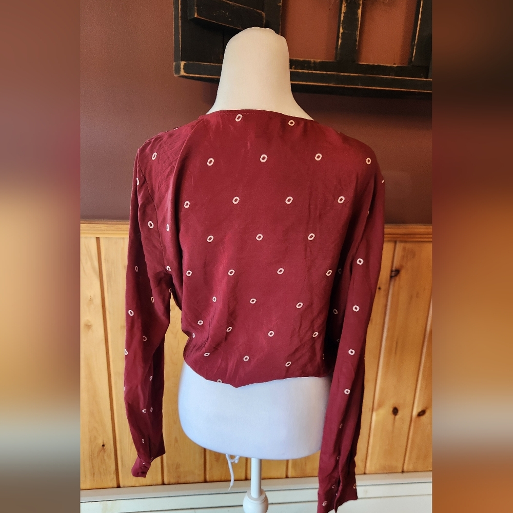 J.Crew Tie Front 100% Silk Top in Burgundy Dot Size Large - Picture 5 of 9